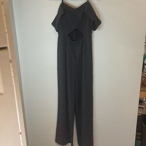 Forever 21 pinstripe strapless cutout navy zippered jumpsuit size medium